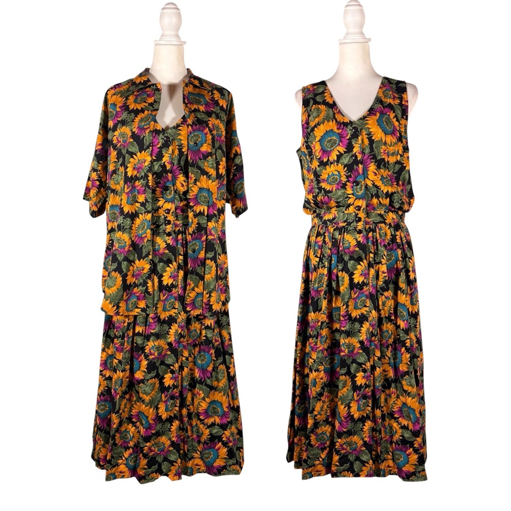 Vintage 90s Woolrich Sunflower Set Dress Top S/M Grunge Dark Cottage Floral Folk